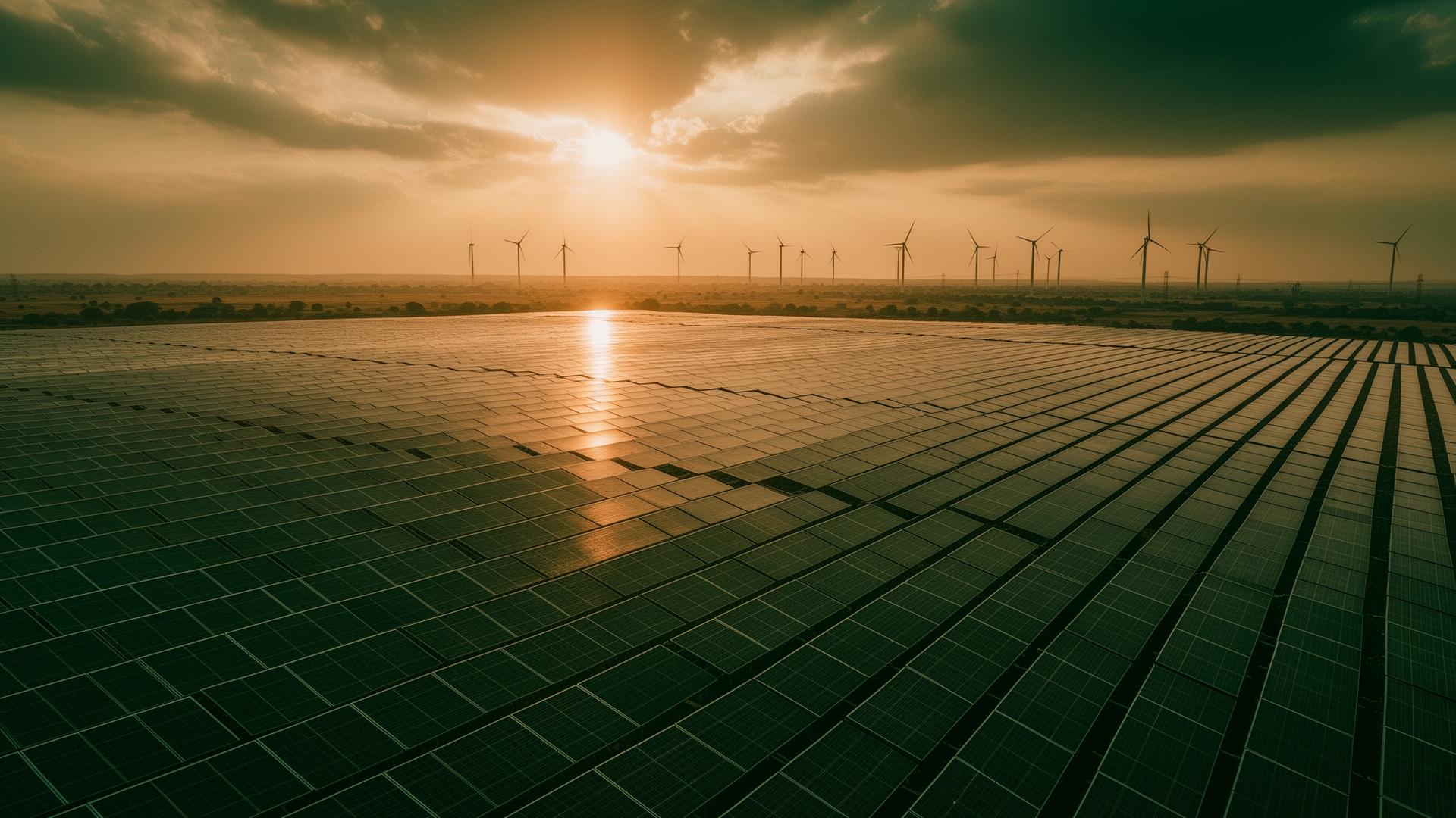 Utility solar farm at sunset